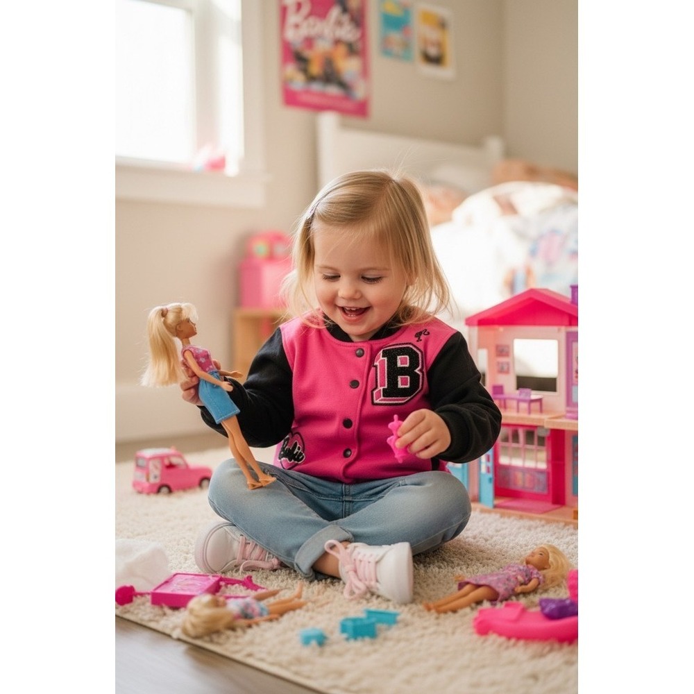 Barbie Jacket‎ Girls Size 4 Pink Black Varsity Bomber Snap Front B Patch Mattel